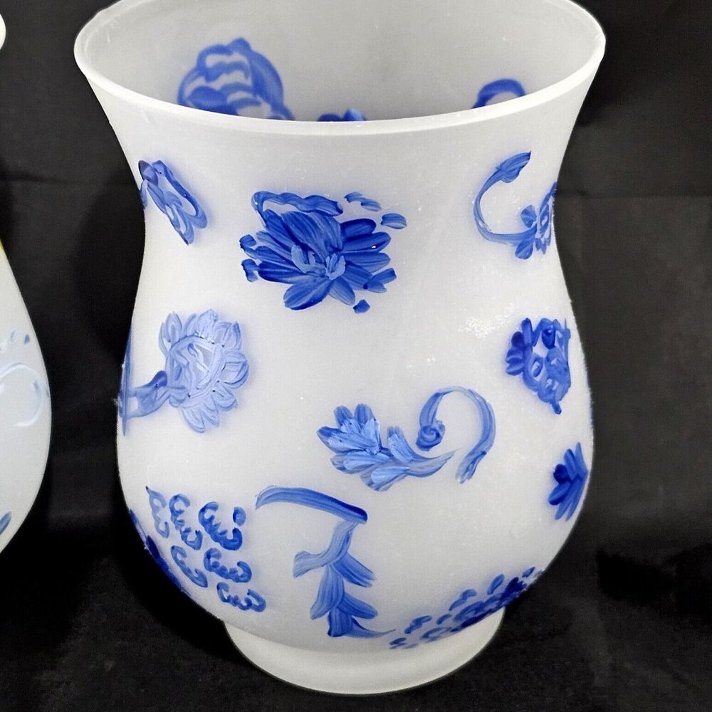2 Hallmark Handpainted Hurricane Candle Holders 5" includes votives blue yellow - Picture 5 of 7
